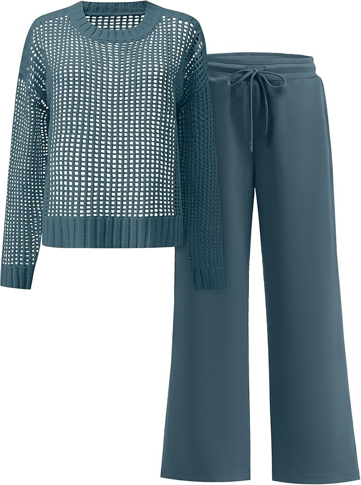 ANRABESS Womens 2 Piece Outfits Crochet Sheer Knit Sweater Top Wide Leg Pants Lounge Set Sweatsui... | Amazon (US)