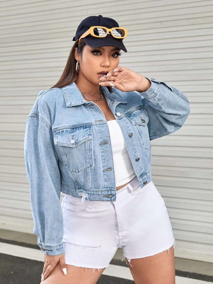 SHEIN Plus Drop Shoulder Flap Pocket Denim Jacket | SHEIN