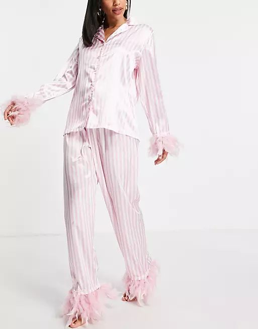 Night satin pyjamas with detachable faux feather trim in pink stripe | ASOS (Global)