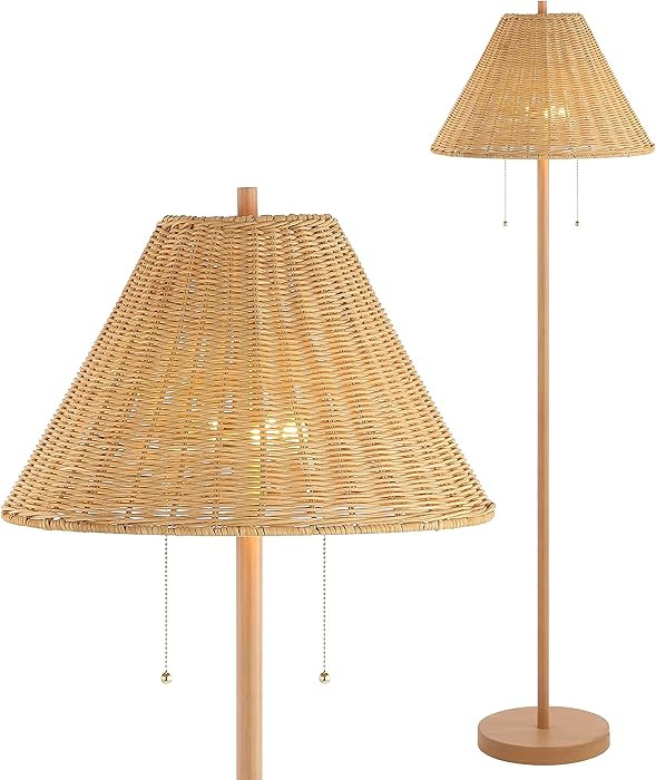 JONATHAN Y 61" Brown Wood Finish 2-Light Coastal Bohemian LED Floor Lamp for Living Room, Brown R... | Amazon (US)