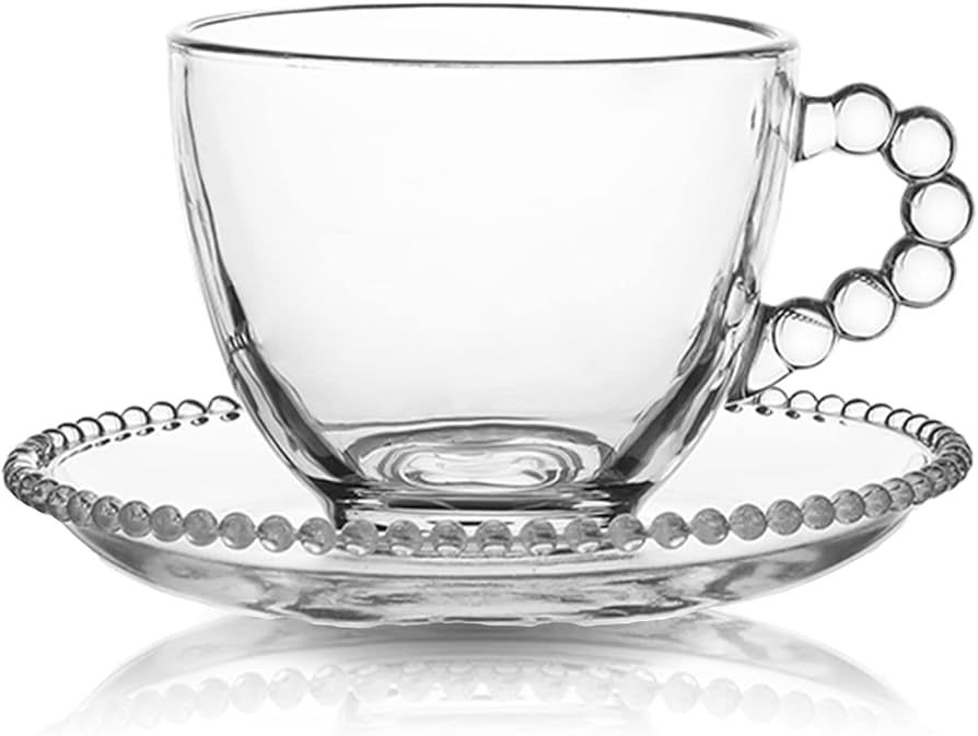 HolaJia Glass Coffee Mug with Saucer Set, Cute Creative Cup Unique Bead Design for Office and Hom... | Amazon (US)