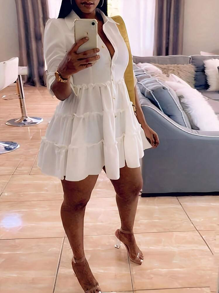 Solid Button-Front Ruffle Dress | SHEIN