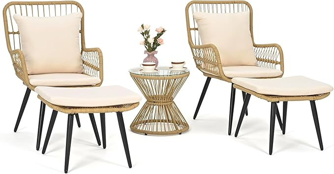 Pamapic Outdoor Patio Bistro Set with Ottoman 5 Piece Rattan Wicker Conversation Chair Sets Balco... | Amazon (US)