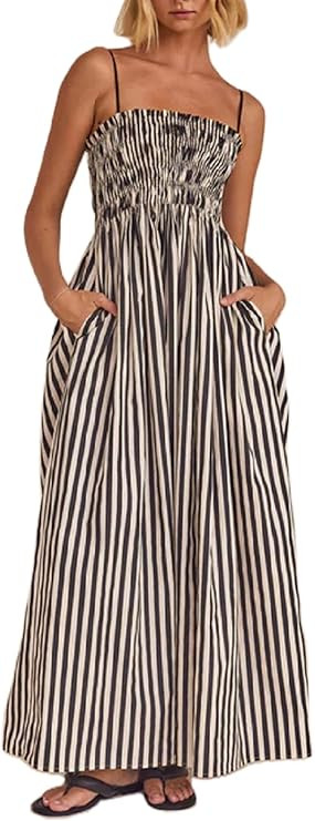 KMBANGI Women Striped Sleeveless Maxi Dress Swing Aline Midi Dress Backless Smocked Spaghetti Str... | Amazon (US)