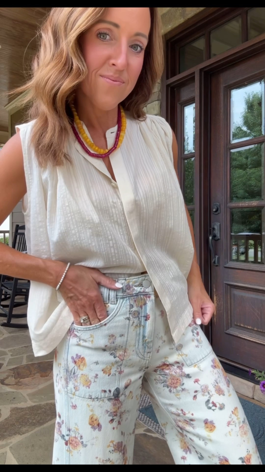 Seersucker flowy tank. Floral wide leg jeans. Anthropologie jeans. 
Anthro code: TWOPEAS20 for 20% off this weekend
Jeans up 1 size, 26. Top XS.

#LTKootd #LTKSaleAlert #LTKSeasonal