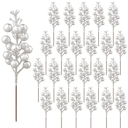 24 Pack Glitter Silver Berry Stems,7.5 Inch Christmas Sparking Silver Faux Winter Berry Sprigs,Artificial Berries Branches for Christmas Tree Garland Wreath Crafts Season Winter Home Decor | Amazon (US)