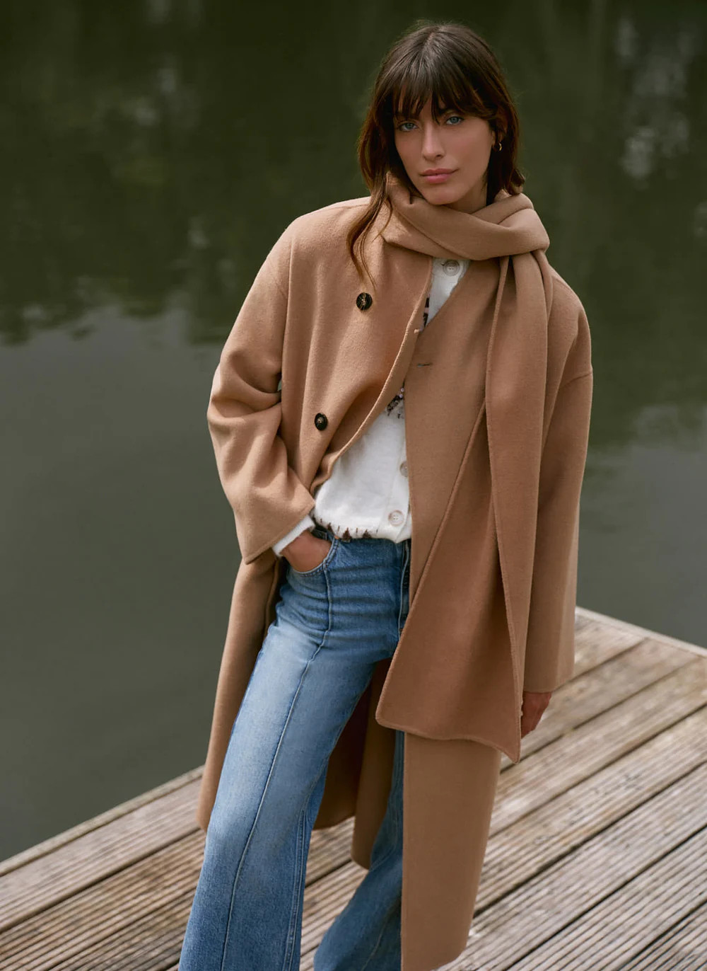 Tan Wool Blend Hand Finished Scarf Coat | Mint Velvet