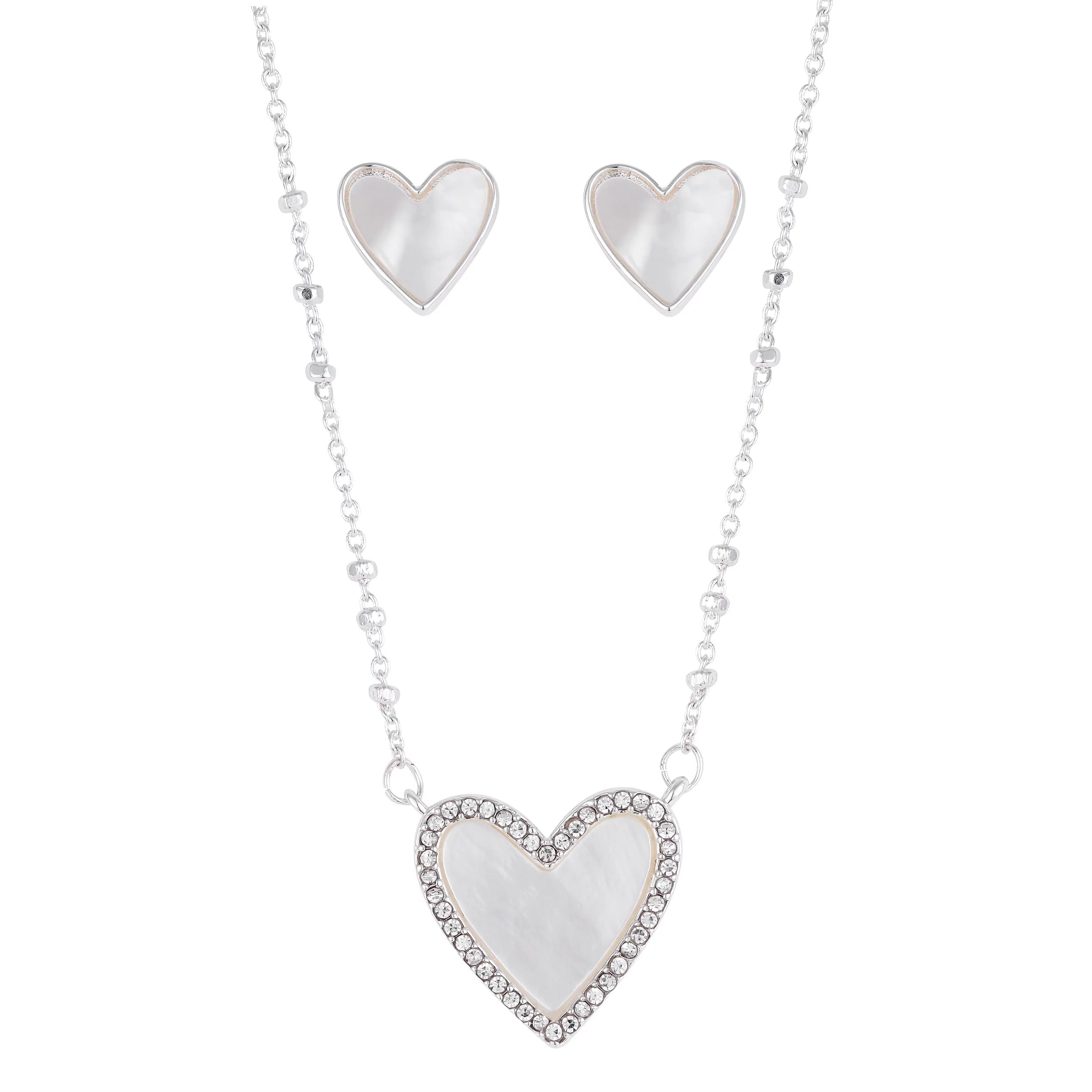 Fine Silver Plated Crystal & Mother of Pearl Inlay Stone Heart Pendant and Earring Set, 18+2" Ext... | Walmart (US)