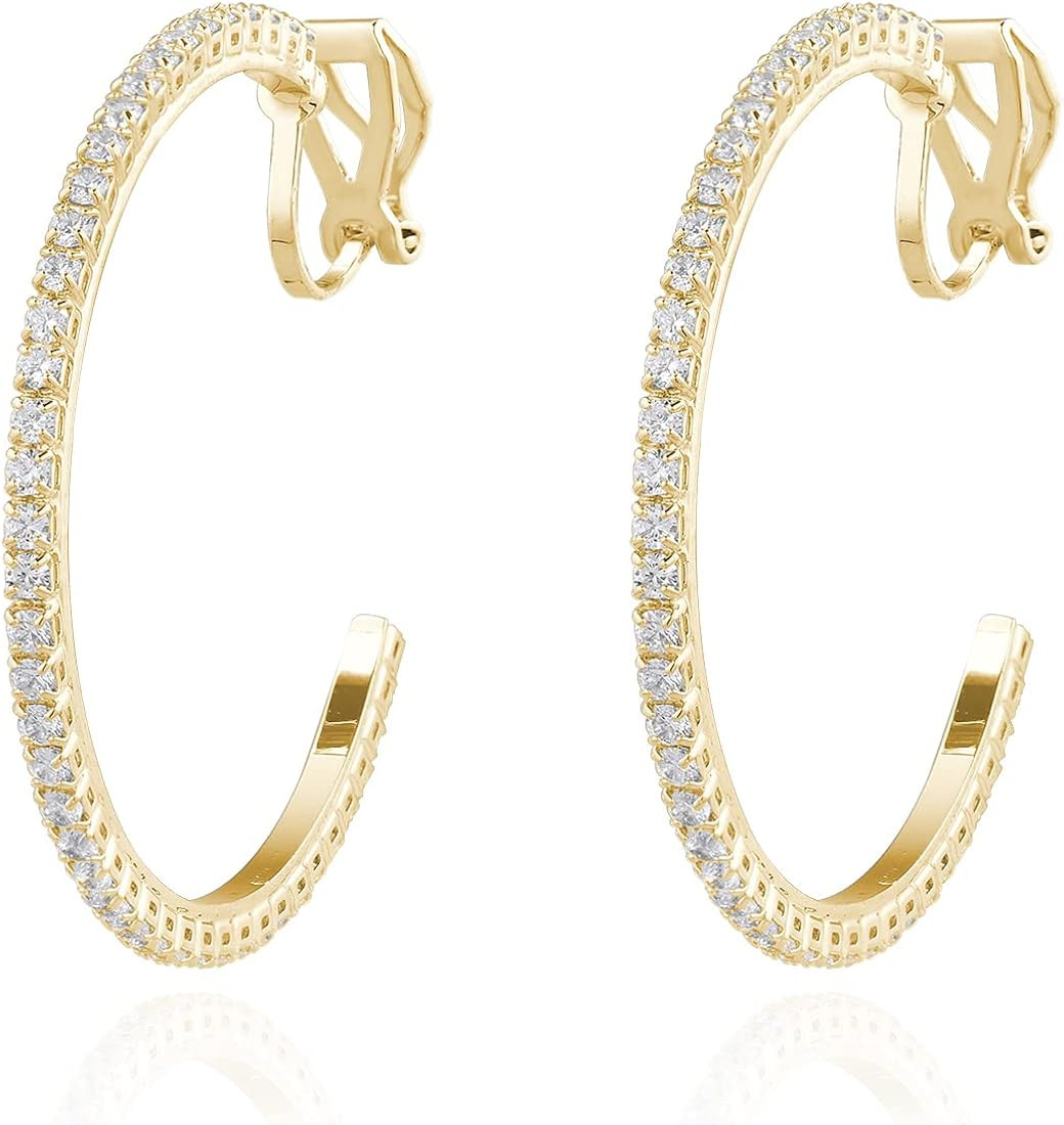 YOQUCOL 4.3CM(1.7in) Clip On Hoop Earrings Cubic Zirconia Non Pierced Ears Hoops for Women Girls | Amazon (US)