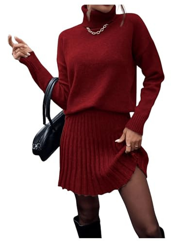 MakeMeChic Women's Sweater Skirt Sets 2 Piece Outfits Ribbed Knit Mock Neck Sweater Pullovers A Line Mini Skirt Set S-Red Small | Amazon (US)