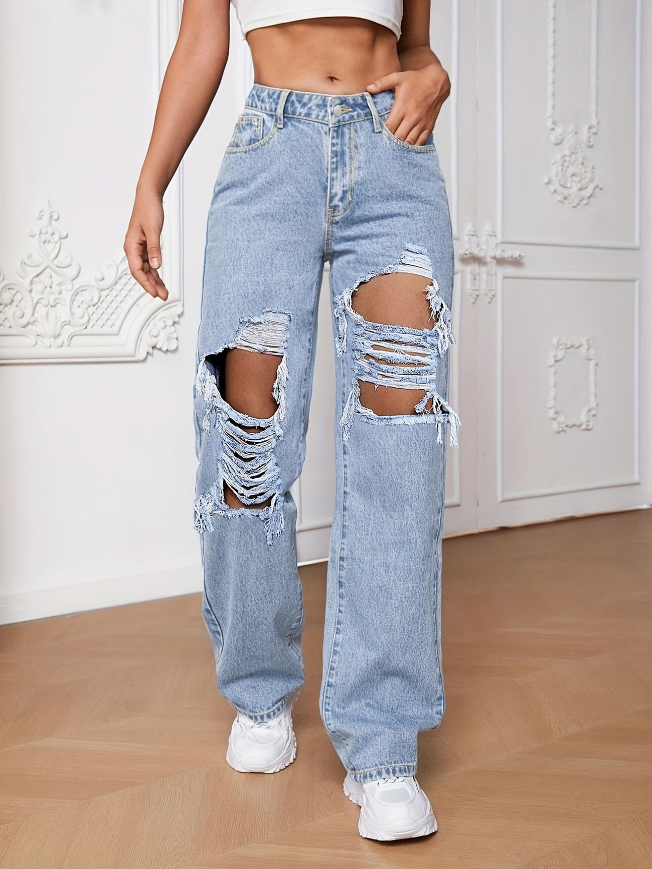 Blue Ripped Straight Jeans Slash Pockets Distressed High Rise Wide Leg High Waist Denim Pants Wom... | Temu Affiliate Program