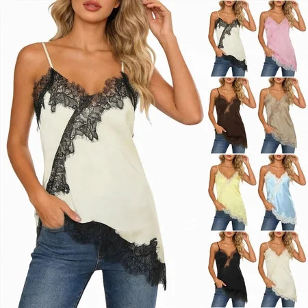vigerkar Silk Lace Trim Camisole Tops for Women Satin Asymmetrical Tank Top Backless Lace Patchwork Cami Going Out (Yellow, L) | Walmart (US)