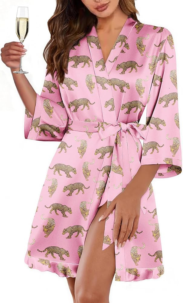 Ekouaer Women's Satin Robes Silk Kimono Bath Robe Short Ruffled Hem Bride Bridesmaid Sleepwear wi... | Amazon (US)