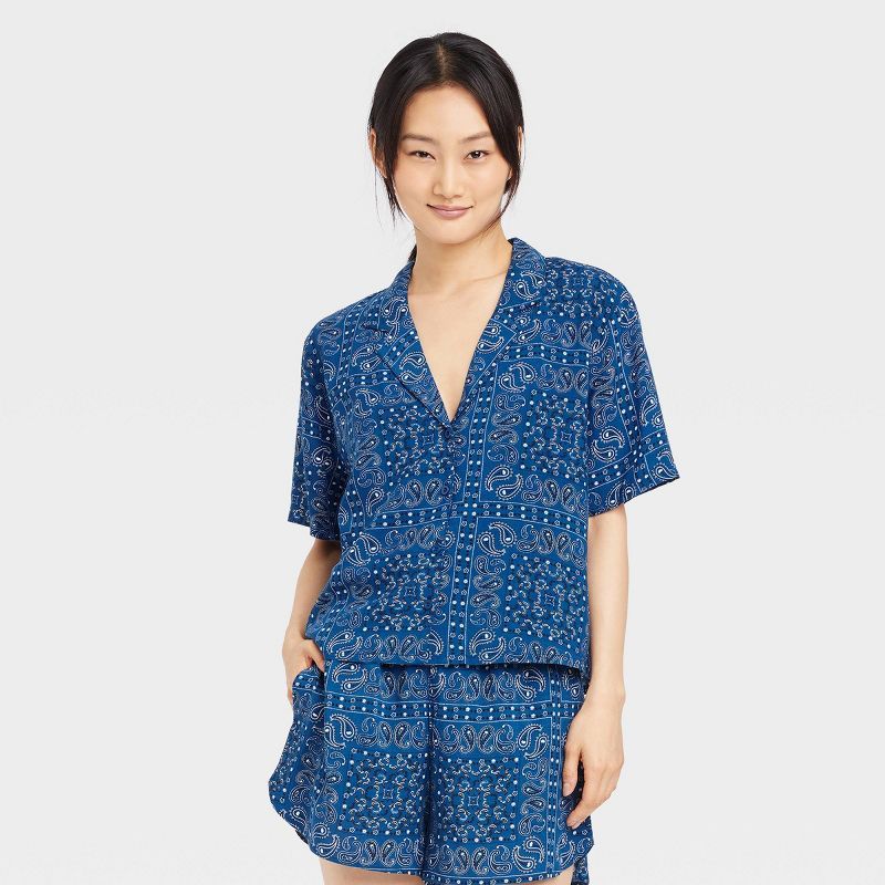 Women's Bandana Souvenir Short Sleeve Graphic Button-Up Shirt - Indigo | Target