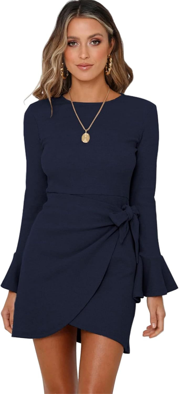Amazon.com: BIPASION Fall Dresses for Women 2022, Wrap Dress Long Sleeve Tie Waist Wedding Guest ... | Amazon (US)