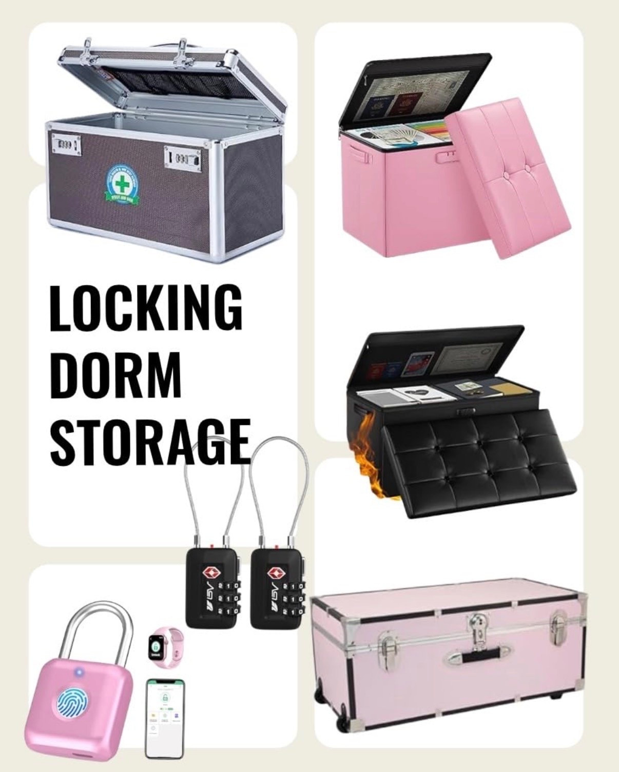 Locking dorm storage options for valuables, passports, medications, cash, electronics, important documents, and personal items. Storage trunks with locks, locking ottomans, fireproof document boxes, TSA locks, and smart fingerprint locks that add extra security in shared dorm rooms and college apartments.

#LTKU #LTKHome