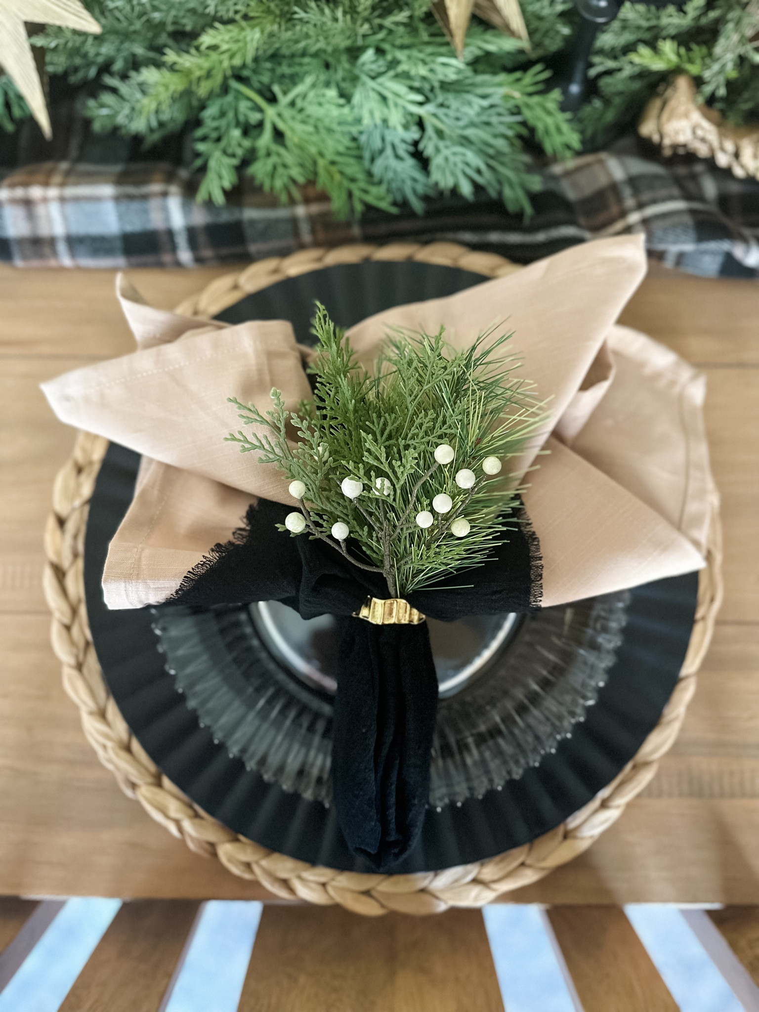 Holiday table setting.  Vintage glass plates. Black and camel. 

#LTKhome #LTKSeasonal #LTKHoliday