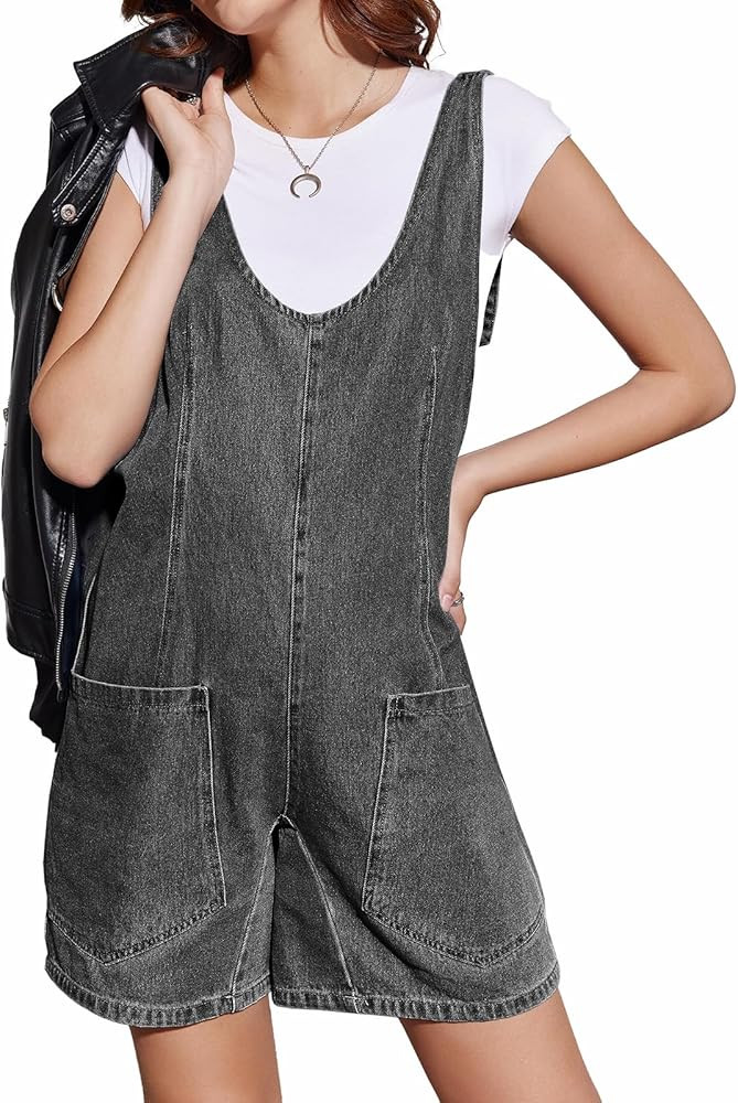 Tongmingyun Womens Summer Denim Overall Shorts Casual Sleeveless V Neck Jean Romper with Pockets | Amazon (US)