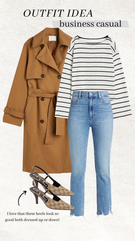 Outfit idea - business casual 🖤 I love that these Gucci heels can be dressed up or down!

Casual style; business casual style; mom style; Paige denim; H&M; gucci shoes; casual outfit; tan trench coat; striped shirt; Christine Andrew 

#LTKworkwear #LTKstyletip #LTKshoecrush
