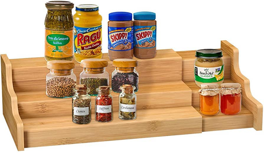 Spice Rack Kitchen Cabinet Organizer- 3 Tier Bamboo Expandable Display Shelf | Amazon (US)