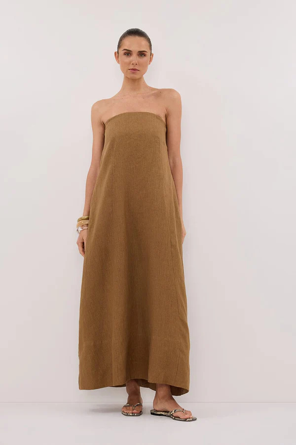KINSLEY FERN LINEN STRAPLESS MIDI DRESS | DISSH