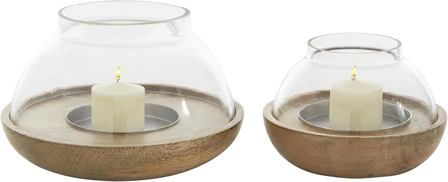 Deco 79 Wood Tealight Hurricane Lamp, Set of 2 4", 3"H, Brown | Amazon (US)