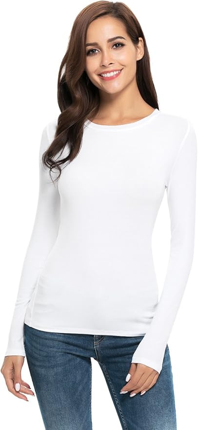 Womens Basic Long Sleeve Crew Neck Comfy Layering Slim Fit Stretch Henley Tees Shirts Top | Amazon (US)