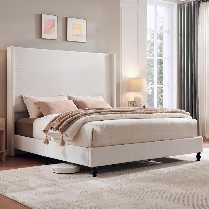 King Bed Frame with 65" Tall Headboard, Horizontal Fine Corduroy Bed Frame with Wingback, Upholst... | Amazon (US)