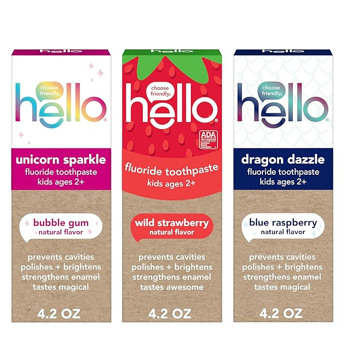 Hello Kids Fluoride Toothpaste Variety Pack, Includes a Strawberry Toothpaste, Unicorn Bubble Gum... | Amazon (US)