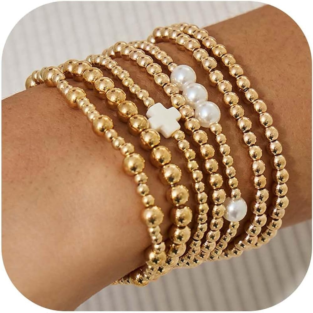 Harry and Henry Gold Beaded Bracelets for Women Non Tarnish Gold Cross Pearl Beaded Bracelets Sta... | Amazon (US)