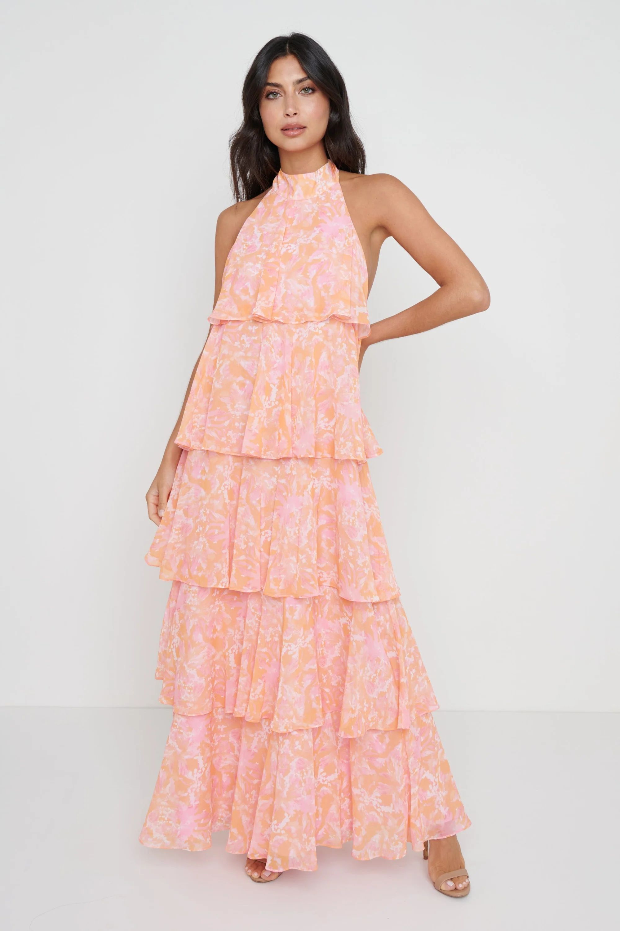 Thea Halter Neck Ruffle Dress - Pink and Orange Floral | Pretty Lavish (UK)