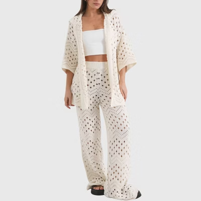 Anna-Kaci Women's Crochet Knit 2-Piece Set with Open Front Cardigan and Wide Leg Pants Featuring Soft Textured Stitching - Large, Light Beige | Target