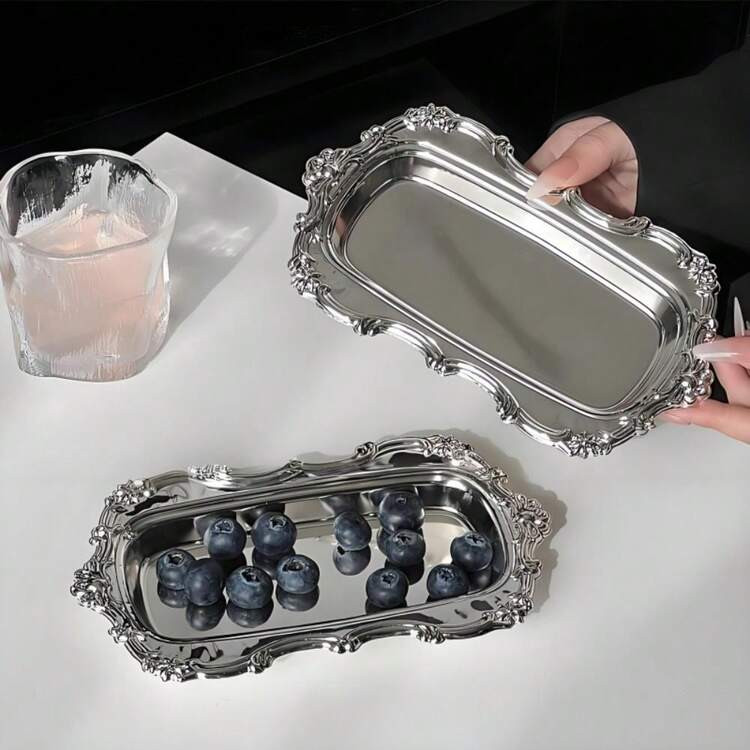 Vintage Stainless Steel Tray Embossed Dessert Plate Mirror Face Jewelry Storage Plate Home Decoration | SHEIN