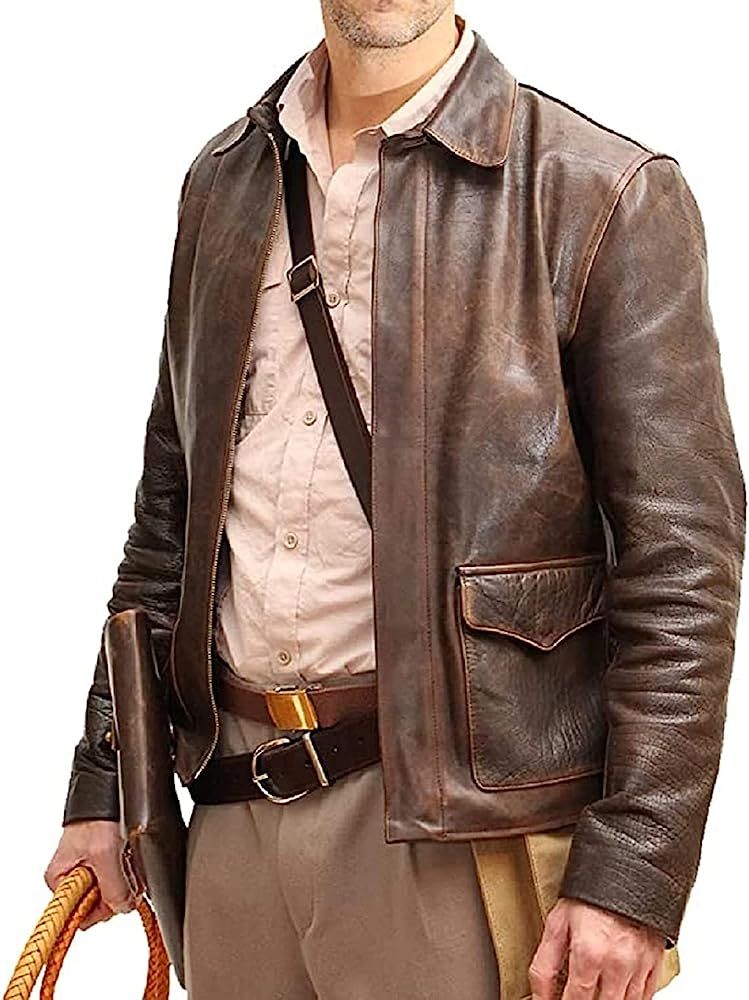 Men's Raiders of The Lost Ark Brown Leather jacket | Brown distressed Leather Jacket Harrison Ame... | Amazon (US)