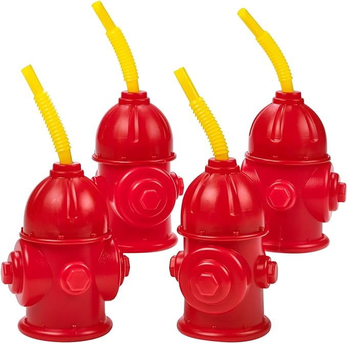 Straw Fire Hydrant Cups with Lids - (Pack of 4) Reusable 12 oz, Red Plastic Fire Truck Party Supp... | Amazon (US)