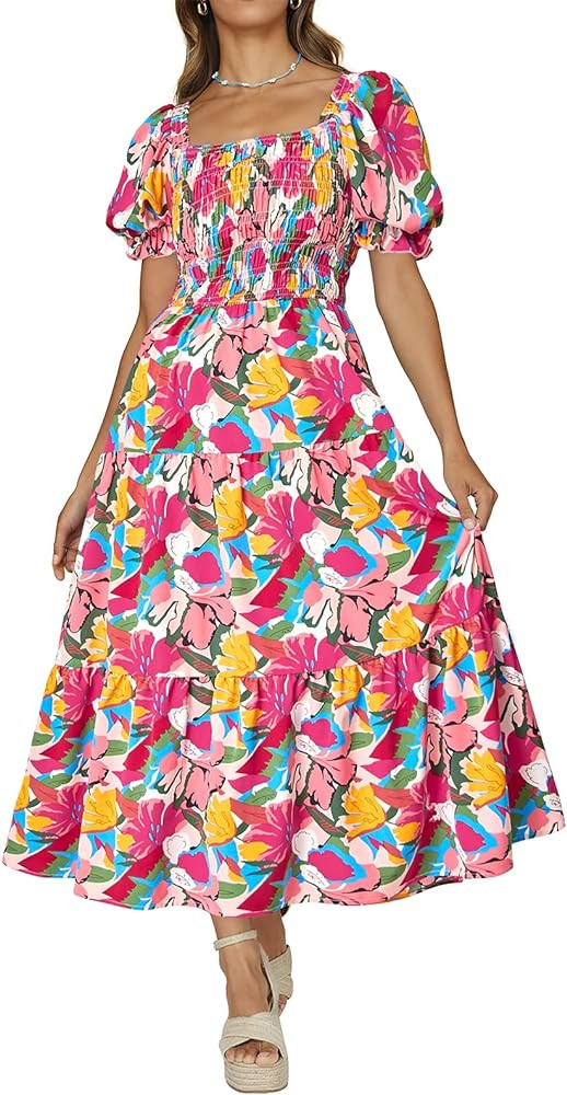 PRETTYGARDEN Women's Boho Floral Print Summer Dresses Square Neck Puff Sleeve A Line Long Dress S... | Amazon (US)