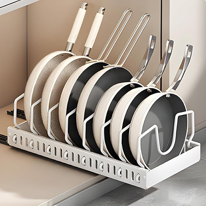 Pots and Pans Organizer Under Cabinet,Sliding Pot Lid Organizer for Cabinet,Pull Out Cabinet Orga... | Amazon (US)