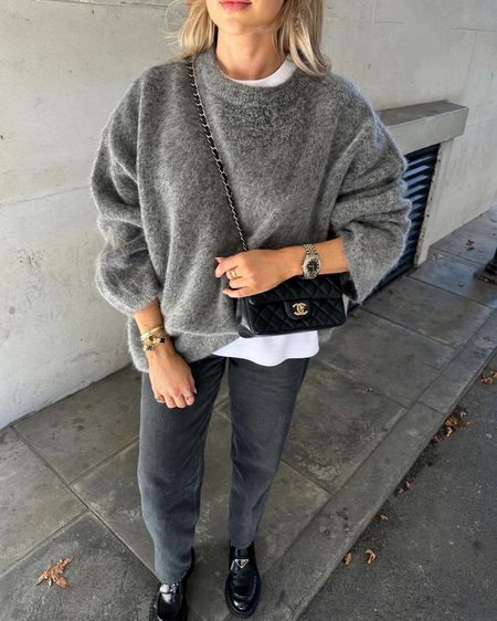 Grey autumn outfit - H&M alpaca blend grey jumper, cos grey tapered jeans, clean cut white t shirt & Prada loafers

#LTKeurope #LTKSeasonal #LTKstyletip