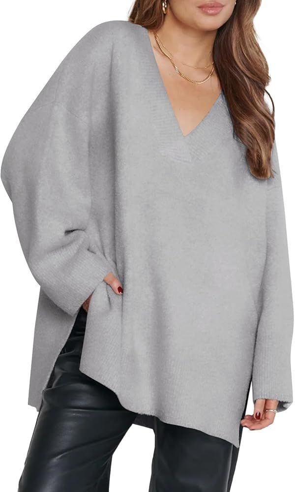 LILLUSORY Women's V Neck Oversized Sweaters 2023 Fall Long Sleeve Side Slit Fuzzy Knit Chunky War... | Amazon (US)