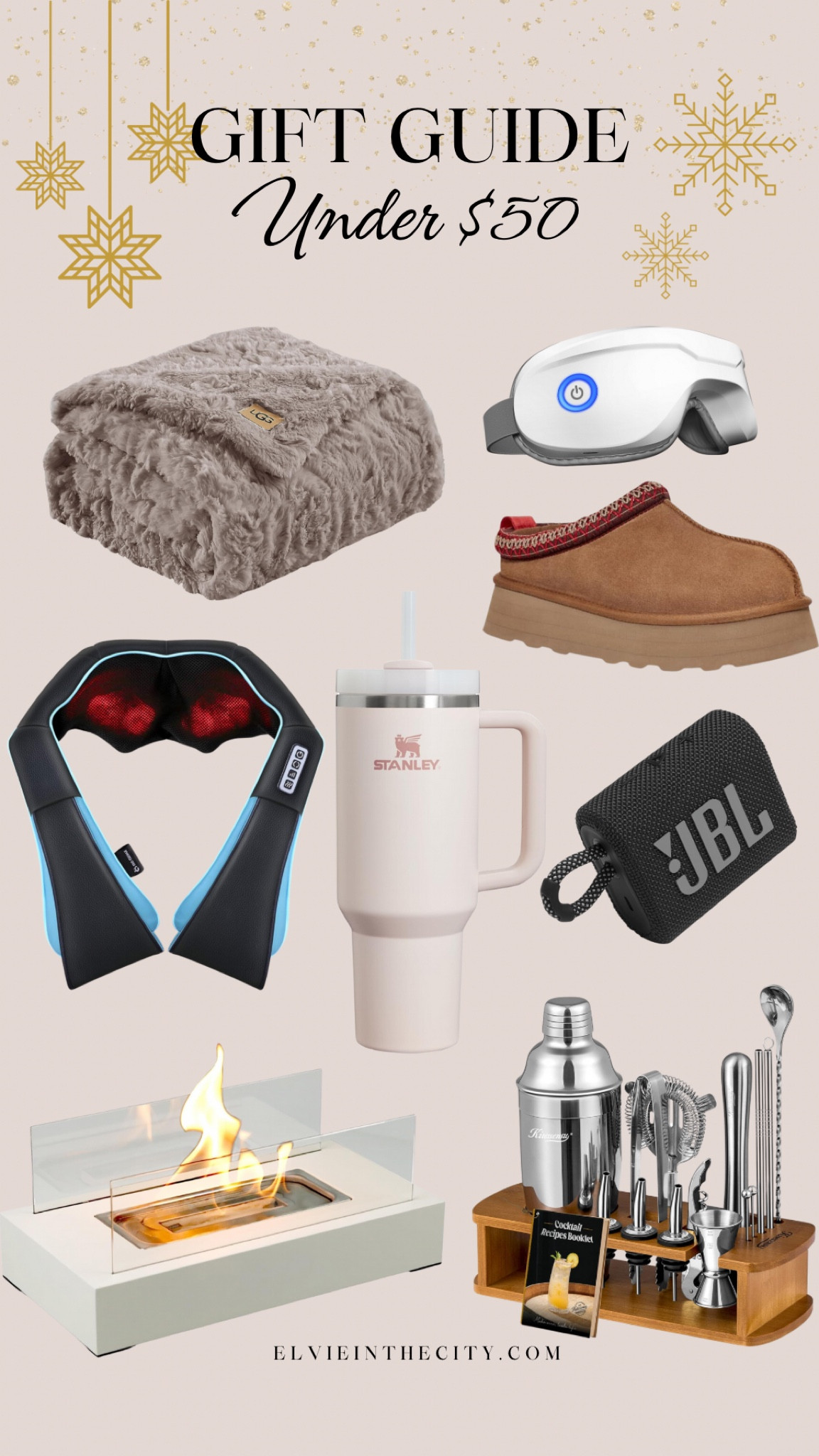 Everything in this gift guide is under $50 and includes an Ugg blanket, heated eye massager, ankle boot slippers, shoulder and neck massager, a Stanley Cup, a JBL portable Bluetooth speaker, a tabletop fire pit, and a cocktail shaker set.

Gifts for him, gifts for her, gifts under 50

#LTKGiftGuide #LTKFindsUnder50 #LTKStyleTip
