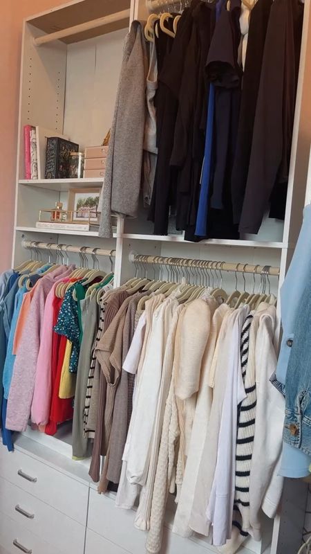 Closet Refresh Links ✨ details: cut the dowels down to size (slightly under 23inches) I am using kids hangers bc I find it looks better as the clothes don’t stick out as far. The handles on the dresser are a bit cheap so I got these acrylic ones to replace them. #closetmakeover #diycloset 

#LTKhome