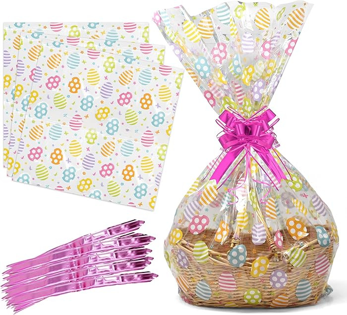 Easter Basket Bags 10 Pack 24x30 Inch Clear Treat Wrap with Colorful Egg Print and Twist Ties Lar... | Amazon (US)