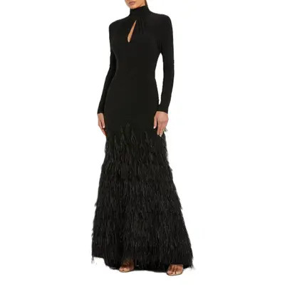 Mac Duggal Jersey Long Sleeve High Neck Feather Gown in Black at Nordstrom, Size 16 | Nordstrom