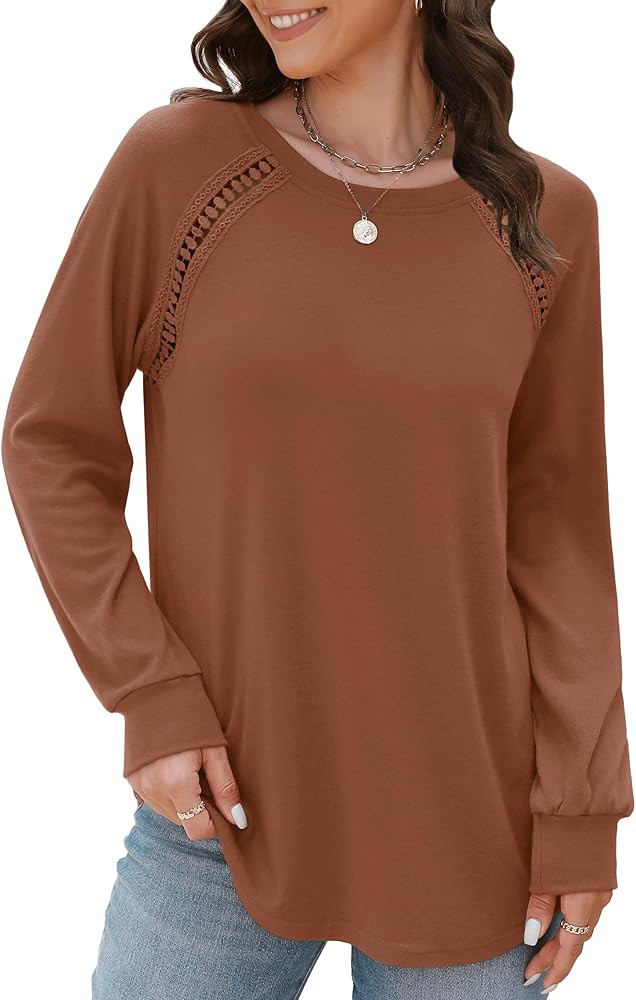 Aifer Womens Long Sleeve Lace Shirts Fashion Fall Round Neck Tops Casual Loose Tunic Tops for Leg... | Amazon (US)