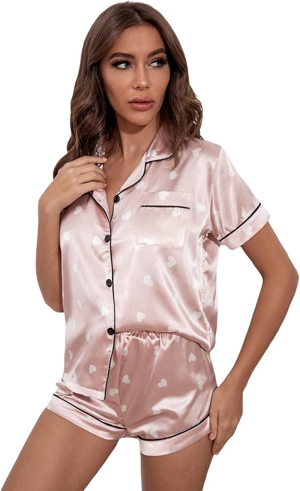 WDIRARA Women's Satin Sleepwear Short Sleeve Button Shirt and Shorts Pajama Set Silky PJ | Amazon (US)