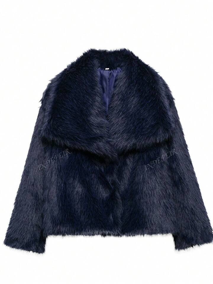 INDEFEIR Autumn/Winter New Thickened Faux Fox Fur Collar Mid-Length Casual Coat | SHEIN
