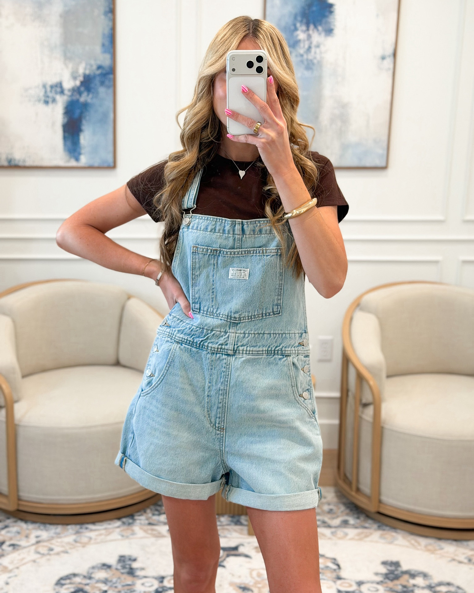 @Target finds that are so good right now and these light wash denim shortall overalls are the most effortless summer piece 🤍✨ Light wash denim, adjustable straps, a front bib pocket, cuffed shorts hem — they are so classic and so easy and style with absolutely everything. Paired with a chocolate brown tee underneath and tan platform sandals and this whole look is so perfectly casual and so put together at the same time.