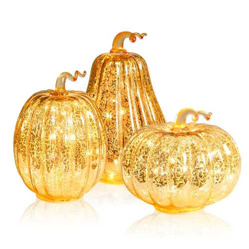 MUMTOP Mercury Glass Pumpkins Lighted 3PCS Halloween Gold Fall Decoration | Amazon (US)