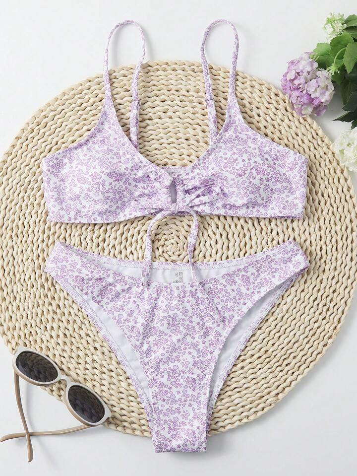 Summer Beach Ditsy Floral Drawstring Bikini Swimsuit | SHEIN
