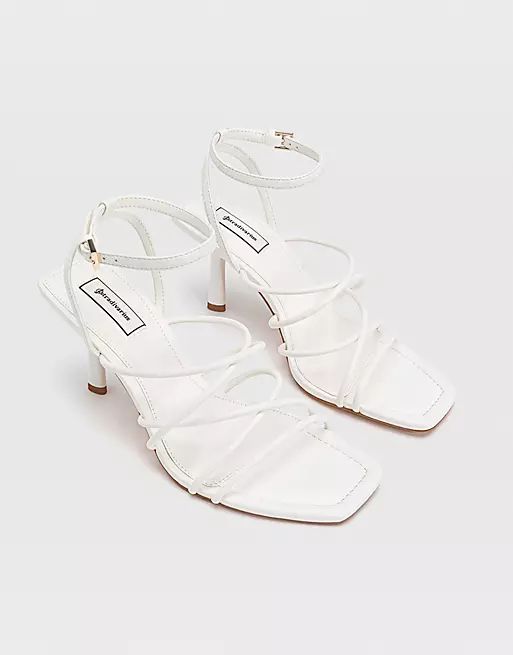 Stradivarius strappy heeled sandal with squared toe in white | ASOS (Global)